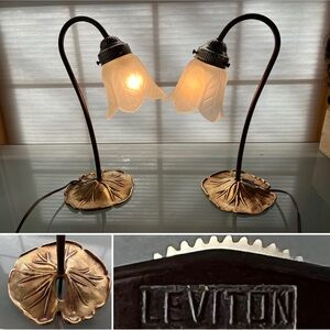 💡Pair of Vintage MCM Leviton Lily Pad Brass Gooseneck Frosted Lamps UL E-69571